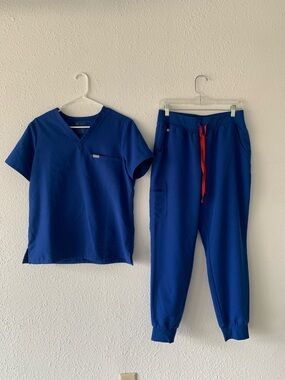 Women’s Figs Royal Blue Scrub Top & Joggers with Red Drawstring
